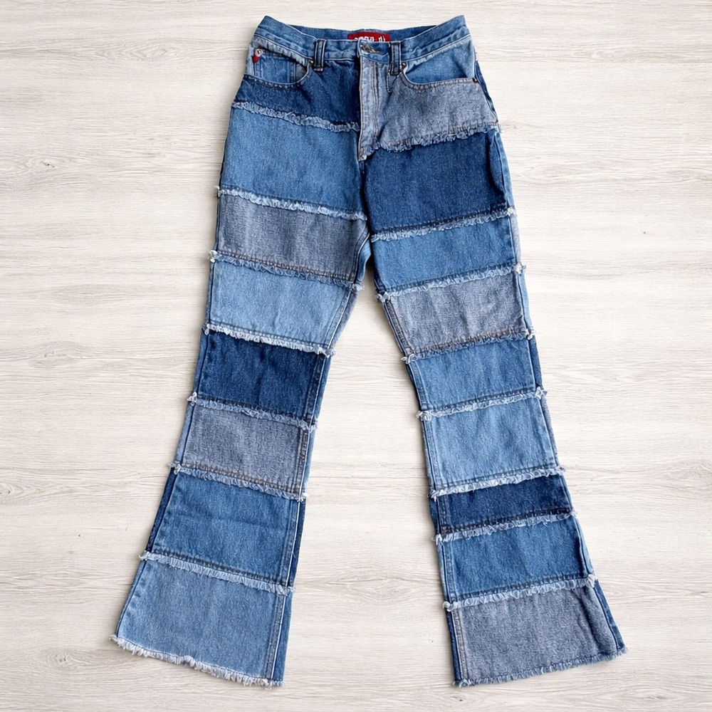 Vintage 90s Zana Di Patchwork Blue Jeans Girls 14 Flare Bell Bottom Y2K Boho